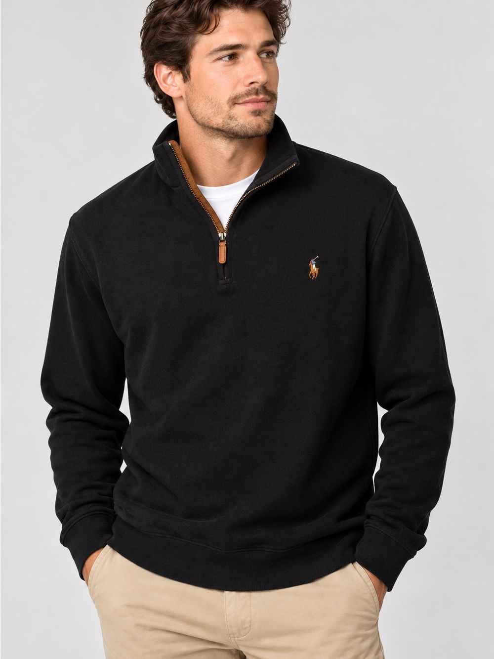Ralph Lauren Men’s Black Zip-Up Sweater with Tan Logo Trim